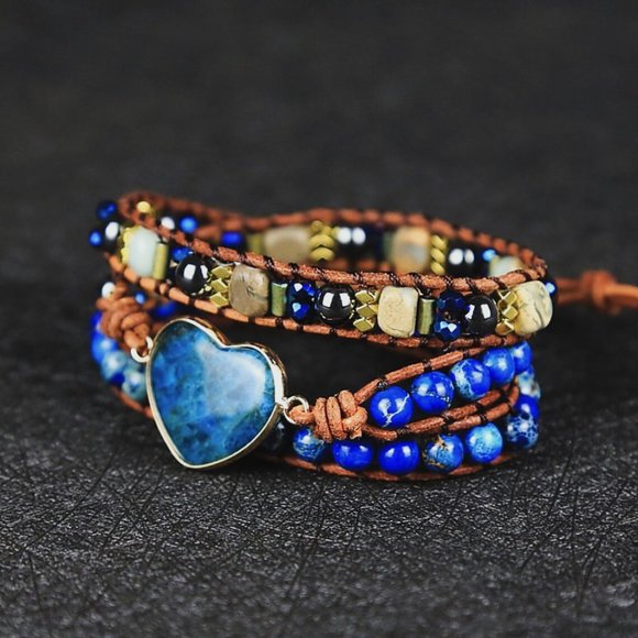 Natural Blue Apatite Stone Beaded Bracelet Heart Charm Leather Wrapped Bracelet - Picture 2 of 3